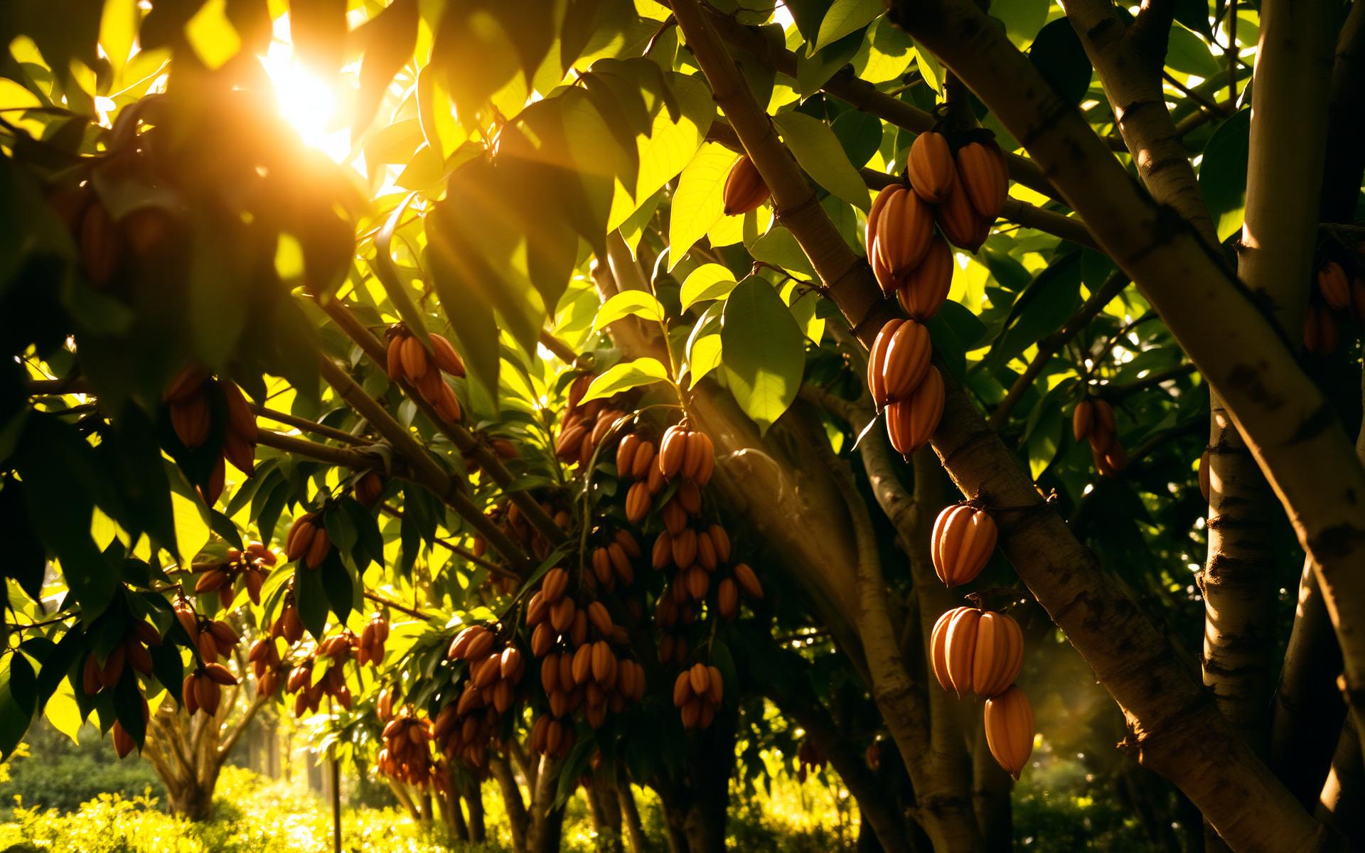 Cocoa plantation with ripe pods in golden sunlight